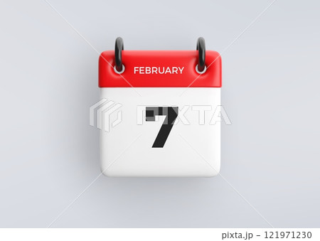 3D calendar icon with date 7 February on grey background. Vector schedule symbol. 121971230