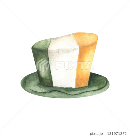 Top hat colored with Irish flag of white, orange and green stripes watercolor illustration. Hand drawn Saint Patrick leprechaun tophat for festive design Top hat colored with Irish flag of white, orange and green stripes watercolor illustration. Hand drawn Saint Patrick leprechaun tophat for festive design 121971272