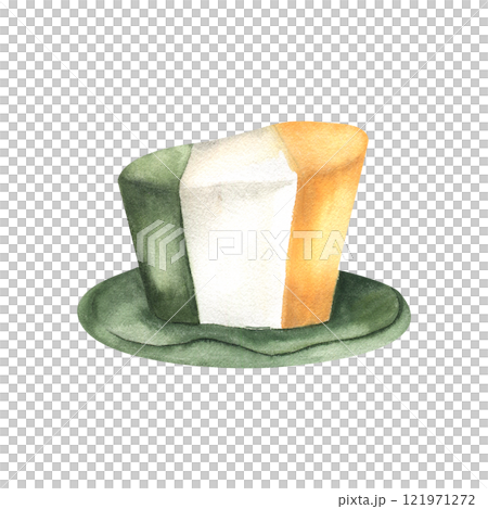 Top hat colored with Irish flag of white, orange and green stripes watercolor illustration. Hand drawn Saint Patrick leprechaun tophat for festive design Top hat colored with Irish flag of white, orange and green stripes watercolor illustration. Hand drawn Saint Patrick leprechaun tophat for festive design 121971272