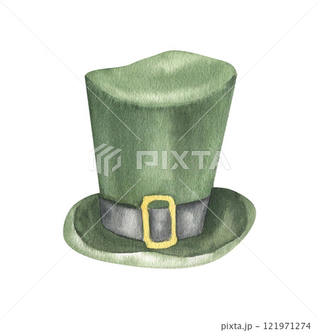 Saint Patrick green hat with golden buckle watercolor illustration. Hand drawn spring festive element isolated on white for Irish traditional holiday card, label ,logo design 121971274