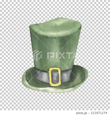 Saint Patrick green hat with golden buckle watercolor illustration. Hand drawn spring festive element isolated on white for Irish traditional holiday card, label ,logo design 121971274