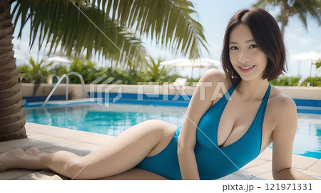 屋外プールサイドでくつろぐ競泳水着姿の女性-002 屋外プールサイドでくつろぐ競泳水着姿の女性-002 121971331