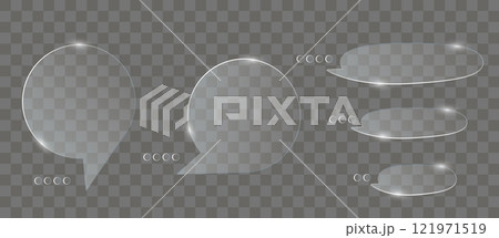 Chat dialog boxes glases. Set of realistic glass speech ballon Transparent frosted acrylic speech bubble on checkered gray background Realistic matte plexiglass message shapes. Vector illustration 121971519