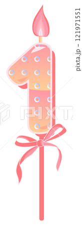 Happy Birthday cake font with pink yellow candle. One year, symbol of number anniversary. Quinceanera girl party decor. Cartoon vector illustration. 121971551