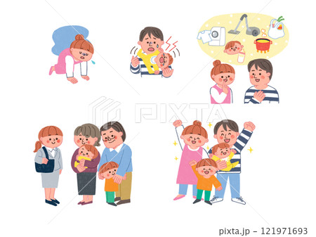 色鉛筆で描いた家事を協力する家族のイラストセット 色鉛筆で描いた家事を協力する家族のイラストセット 121971693