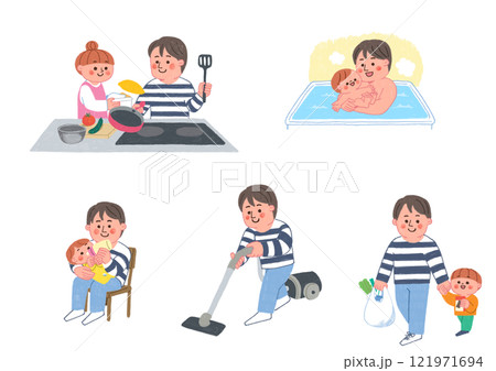 色鉛筆で描いた家事に協力するお父さんのイラストセット 121971694