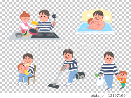 色鉛筆で描いた家事に協力するお父さんのイラストセット 121971694