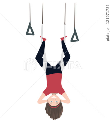 Happy kid hanging upside down in an aerial hammock. Fly yoga vector isolated illustration 121971723