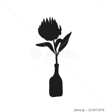 Black linocut silhouette of potted flower protea 121971979