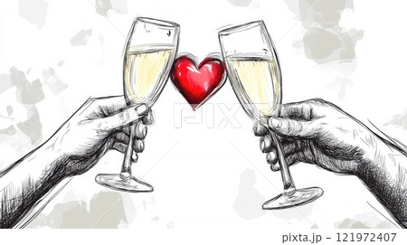 illustration of two hands toasting with champagne glasses symbolizing love and celebration 121972407