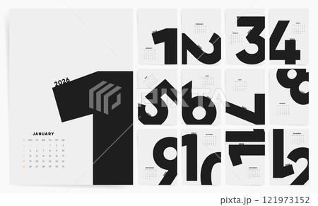 Calendar 2026 Sunday Start Bold Big Black Numbers Corporate Design Template 121973152