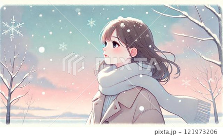 雪の降る中に佇む女性 121973206