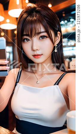 カフェバーで自撮りする若い女性　実況　生配信　インスタ映え　 [AI生成画像] 121973286