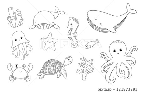 Outline sea animals set for children. Vector line nautical illustration for coloring book, whale, seahorse,octopus and jellyfish 121973293