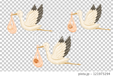 Cute stork with newborn baby. Watercolor hand drawn cartoon illustration isolated on white 121973294