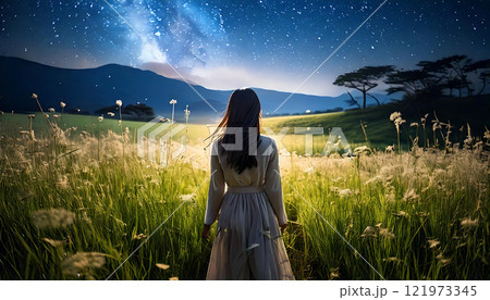 夜空を見上げる少女の幻想的な瞬間　生成AI 121973345