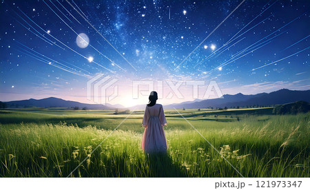 夜空を見上げる少女の幻想的な瞬間　生成AI 121973347