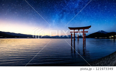 満天の星空と湖に浮かぶ鳥居の幻想的な風景　生成AI 121973349