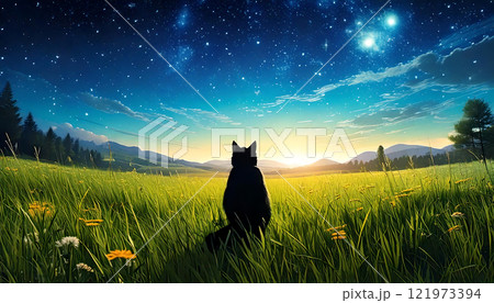 星空を見上げる黒猫と草原の風景 生成AI 星空を見上げる黒猫と草原の風景 生成AI 121973394