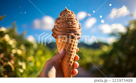 夏空の下で楽しむチョコレートソフトクリーム – 甘いひと時　生成AI 121973489