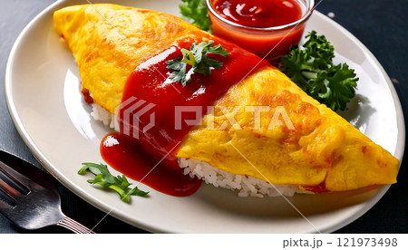 ケチャップたっぷりの美味しそうなオムライス – 洋食の定番メニュー　生成AI 121973498