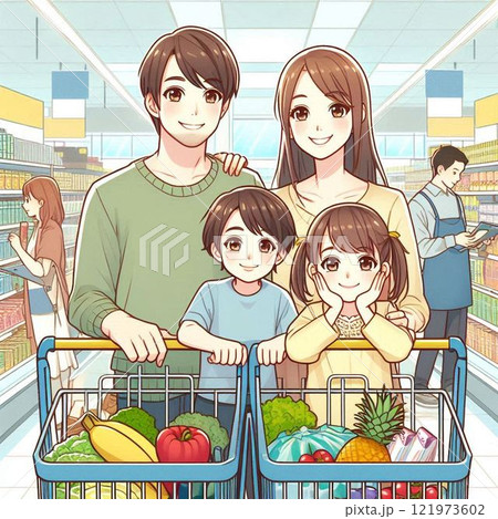 スーパーで買い物をする家族 121973602