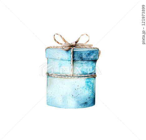 Decorative gift boxes with a blue watercolor design resting on isolated white background. 121973899