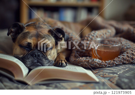 Cozy dog resting on an open book beside a warm cup of tea during a relaxing afternoon at home. 121973905