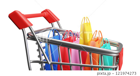 Shopping cart with paper bag isolated on white background 3D render 121974273