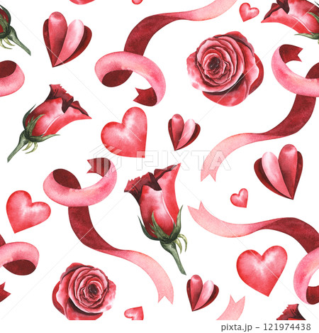 Valentine's Day seamless pattern with red roses and hearts. Hand drawn seamless background. Watercolor ribbon. Digital Paper. White 121974438