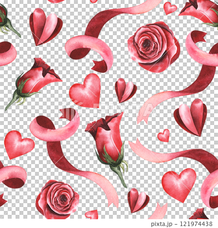 Valentine's Day seamless pattern with red roses and hearts. Hand drawn seamless background. Watercolor ribbon. Digital Paper. White 121974438