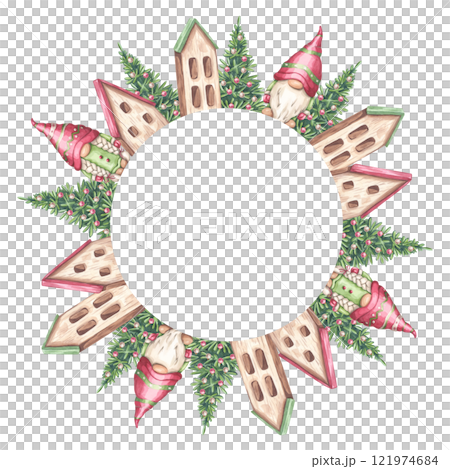 Wooden little house, christmas tree, gnomes wreath round frame. Miniature New Year village town. Cottage with red green sloping roof. Hand drawn watercolor illustration isolated background Wooden little house, christmas tree, gnomes wreath round frame. Miniature New Year village town. Cottage with red green sloping roof. Hand drawn watercolor illustration isolated background 121974684