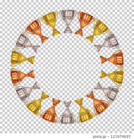 Golden silver bronze winner cup trophy, victory, prize. Round wreath frame. Hand draw watercolor illustration isolated on white background. Template for a diploma competition, sport, logo Golden silver bronze winner cup trophy, victory, prize. Round wreath frame. Hand draw watercolor illustration isolated on white background. Template for a diploma competition, sport, logo 121974685