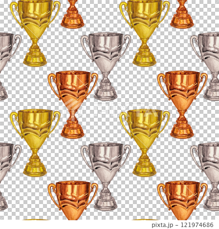 Golden silver bronze winner cup trophy, victory, prize seamless pattern. Hand draw watercolor illustration isolated on white background. Textile, print, wrapping paper Golden silver bronze winner cup trophy, victory, prize seamless pattern. Hand draw watercolor illustration isolated on white background. Textile, print, wrapping paper 121974686