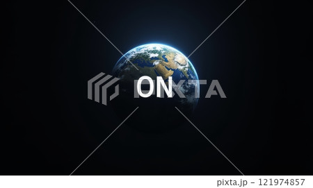 Earth planet illuminated in space with the word ON written across it on a dark background. Minimalistic global energy concept 121974857