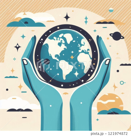 Stylized illustration of hands holding Earth surrounded by clouds and stars. Global unity, environmental care, and space concept 121974872
