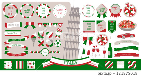 ピサの斜塔お洒落なイタリアトリコローレデザイン枠ベクターイラストセット 121975019