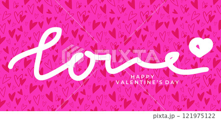 Happy Valentines Day banner with hearts pattern and handwriting Love on pink background. Modern art design, Valentines Day concept. Vector illustration 121975122