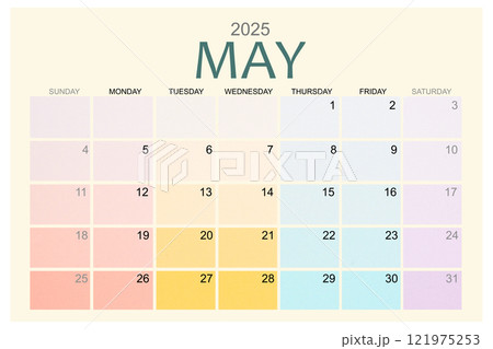 May 2025 Colorful calendar page isolated on white background. May 2025 Colorful calendar page isolated on white background. 121975253