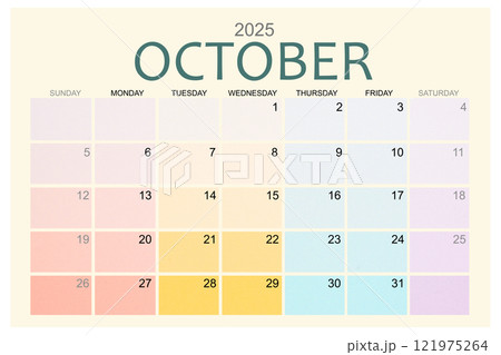October 2025 Colorful calendar page isolated on white background. October 2025 Colorful calendar page isolated on white background. 121975264