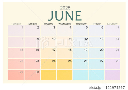 June 2025 Colorful calendar page isolated on white background. June 2025 Colorful calendar page isolated on white background. 121975267