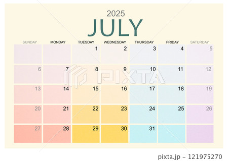 July 2025 Colorful calendar page isolated on white background. July 2025 Colorful calendar page isolated on white background. 121975270