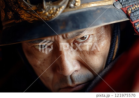 Close-up portrait of a samurai wearing traditional armor 121975570