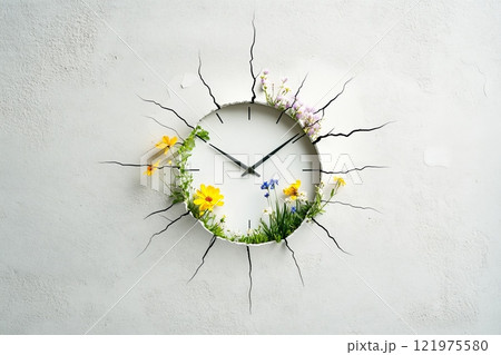 A cracked wall clock with vibrant flowers blooming out of the cracks, symbolizing the passage of time 121975580