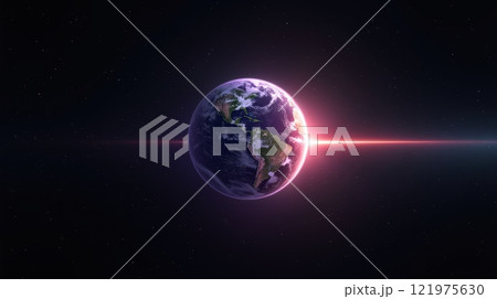 Planet Earth with glowing sunrise and light beam across space, highlighting North and South America against a starry background 121975630