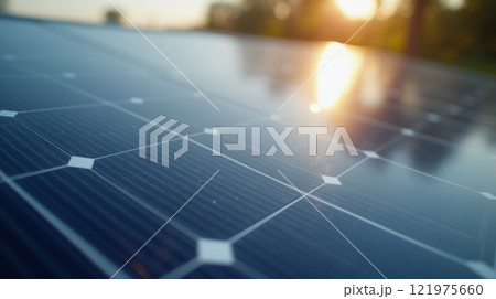 Close-up of solar panels reflecting sunlight outdoors. Renewable energy concept. Sustainable technology for clean energy production 121975660