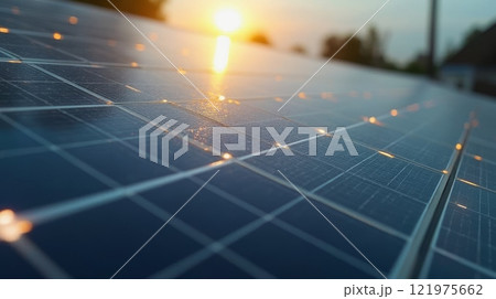 Close-up of solar panels reflecting sunlight outdoors. Renewable energy concept. Sustainable technology for clean energy production Close-up of solar panels reflecting sunlight outdoors. Renewable energy concept. Sustainable technology for clean energy production 121975662