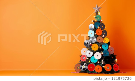 Creative Christmas tree made of colorful vinyl records 121975726