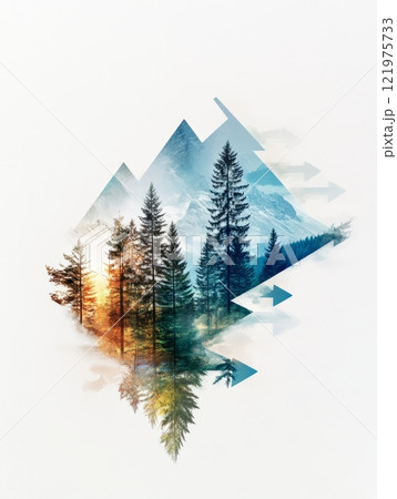Abstract ecological design featuring trees, mountains, and nature-inspired geometric patterns. 121975733