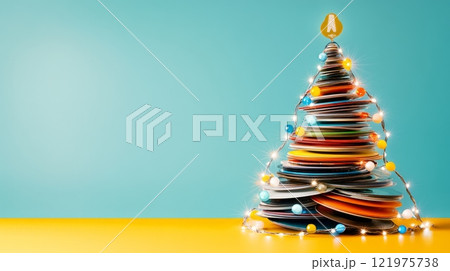 Creative Christmas tree made of colorful vinyl records Creative Christmas tree made of colorful vinyl records 121975738